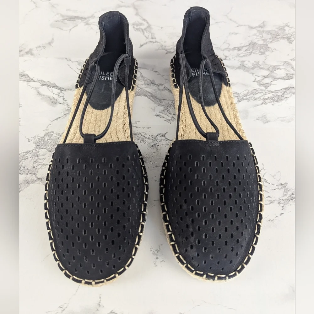 Eileen Fisher Black Perforated Suede Lace Espadrilles Size 7.5 - Picture 2 of 11